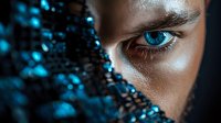 Close-up portrait with intense bright blue eye and dark skin, artistic makeup with glowing turquoise glitter particles creating mysterious dramatic effect.