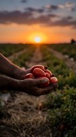 Farmer hands holding fresh tomatoes at sunset in agricultural field with golden light and dramatic sky for organic farming and harvest concepts.