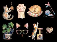 Cute cat clipart set with kittens, paw, toys, and accessories, isolated on transparent background. Ready for stickers, t-shirt design, print on demand, and sublimation.