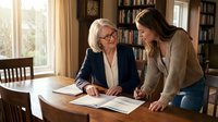 Senior Caucasian businesswoman with glasses mentoring young brunette colleague over documents in home office library setting with warm natural lighting.