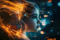 Young woman in profile with glowing golden particles flowing through hair against dark background with magical blue bokeh lights and sparkles creating ethereal atmosphere.