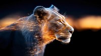 Majestic lion profile with glowing particles dispersing from mane against dark background, digital art style combining wildlife and fantasy elements in orange and blue tones.