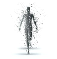 Abstract silhouette of person dissolving into particles on white background, representing transformation, consciousness, or digital disintegration effect.