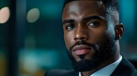 Professional African American businessman in formal suit with confident expression against blurred city lights background for corporate marketing materials.