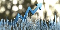 Blue upward arrow over digital financial data visualization with bokeh background showing business growth and market success trends.