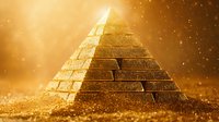 Golden pyramid made of shining gold bars on sparkling background with magical light rays and glowing particles in warm yellow atmosphere.