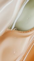 Smooth flowing abstract background with gentle waves in peach, sage green and white tones, decorated with transparent water drops and soft gradient transitions.