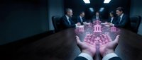 Business professional presenting holographic banking icons during corporate meeting with colleagues in modern conference room for financial technology presentation.