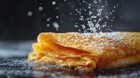 Golden crepe with powdered sugar dusting captured mid-air against dark background. French pancake dessert with dynamic sugar particles for culinary content.