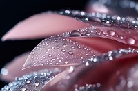 Macro shot of pink flower petals covered in fresh water droplets and dew, creating a glistening wet surface against a dark background. Suitable for nature, botanical, and wellness design projects.