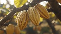 Fresh ripe cocoa pods growing on tree branch in natural sunlight, organic farming concept showing raw chocolate production process in tropical climate.