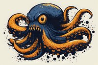 Fierce blue octopus with orange tentacles in vintage tattoo style against textured background, artistic ink drawing with detailed suction cups and expressive yellow eye.