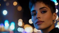 Young woman with short pixie haircut and glamorous makeup against blurred city lights at night, creating atmospheric portrait with bokeh effect.