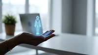 Silhouette of human figure glowing in blue light hovering above open palm, representing digital health, telemedicine, medical technology, and virtual healthcare innovation in modern workspace.
