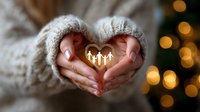 Hands in knitted sweater forming heart shape with glowing family silhouette inside against warm bokeh lights background, representing love and care concept.