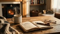 Cozy rustic wooden table with steaming coffee mug, open notebook, pen and glasses by warm fireplace, hygge home atmosphere.