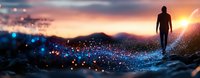 Silhouette of person walking on mystical path with glowing particles and dramatic sunset sky, panoramic composition creating ethereal atmospheric scene.