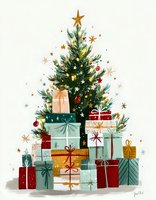 Festive Christmas tree with gold star topper surrounded by colorful wrapped presents in red, green, and gold, perfect for holiday greeting cards.