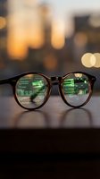 Eyeglasses with green computer code reflection on lenses representing digital vision, programming work, and technology focus with warm bokeh background.