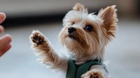 Adorable Yorkshire terrier puppy in green harness raising paw to give high five, close up portrait of small dog with fluffy fur showing trick.