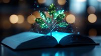 Open book with glowing green tree sprouting from pages against blurred bokeh background, symbolizing knowledge growth, learning, education, and imagination for publishing and academic designs.