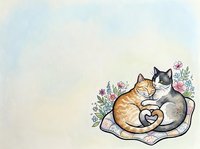 Two cats, one orange tabby and one black and white, cuddling together with their tails forming a heart shape, surrounded by delicate flowers on a soft watercolor background. Perfect for greeting cards, pet lovers' designs, and romantic animal artwork.