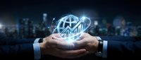 Businessman hands holding glowing digital brain with network connections over blurred city background representing artificial intelligence and innovation.