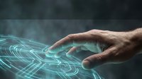 Male hand interacting with glowing digital wireframe interface, representing technology, innovation, and futuristic digital transformation for business and software development concepts.