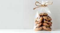 Freshly baked chocolate chip cookies stacked in clear cellophane gift bag with rustic twine bow on white background, perfect for bakery marketing.