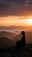Woman meditating on mountain peak at sunrise with dramatic orange sky and misty valleys below creating peaceful spiritual atmosphere for wellness content.