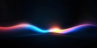 Glowing multicolored wave line with light effects on dark background, dynamic neon energy flow with blue, pink and orange luminous motion trail.