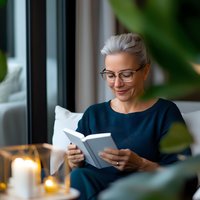Mature Caucasian woman with gray hair and glasses reading book at home. Cozy evening atmosphere with candlelight, wearing navy blue sweater, relaxing on comfortable sofa.