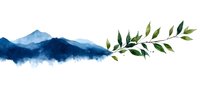Watercolor mountain landscape with green botanical leaves branch, misty blue peaks silhouette on white background, nature art composition.
