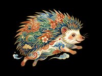 Decorative hedgehog with ornamental patterns in orange, teal, and gold isolated on transparent background, ready for t-shirts, stickers, clipart, and print-on-demand designs.