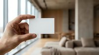 Hand holding blank white business card mockup in modern living room interior with natural lighting for branding presentation and corporate identity design.