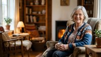 Senior woman with white hair and glasses, wearing a patterned cardigan, sitting in an armchair holding a warm beverage in a cozy living room with fireplace and bookshelves.