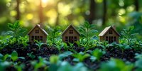 Three wooden miniature houses nestled among fresh green plants and soil, symbolizing sustainable living and eco-friendly real estate development.