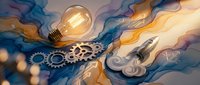 Glowing lightbulb with mechanical gears floating in colorful abstract smoke clouds representing innovation, creativity and brainstorming concepts.