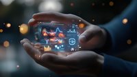 Hands holding futuristic transparent digital display with glowing business analytics, charts and data visualization against blurred bokeh background.