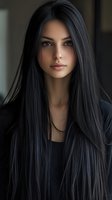 Young brunette woman with long straight dark hair and natural makeup looking directly at camera in soft indoor lighting for beauty and lifestyle content.