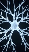 Single neuron cell with branching dendrites and axons on dark background for medical education and neuroscience research presentations.