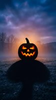Spooky Halloween jack-o-lantern glowing at twilight in misty field with dramatic purple and orange sky for seasonal horror decorations and autumn celebrations.