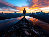 Young woman silhouetted against dramatic sunset sky, standing on mountain peak overlooking lake with snow-capped mountains and vibrant orange clouds reflected in water.
