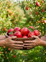 Farmer hands holding fresh red apples in wooden bowl with orchard trees in blurred background. Harvest season agriculture concept for farming, food production, and organic fruit growing.
