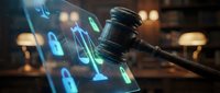 Digital law and cyber justice concept with gavel and holographic security icons on tablet screen in modern office setting.