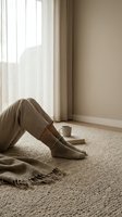 Cozy morning scene with legs in knit socks and beige pants on carpet near window with coffee cup and book creating peaceful hygge atmosphere at home.