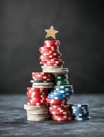 Colorful casino chips stacked in Christmas tree shape with golden star on top against dark background, festive gambling concept.