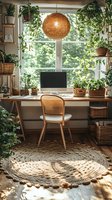 Cozy home office workspace with hanging plants, rattan chair, round jute rug, and copper pendant light. Natural sunlight streams through window creating warm atmosphere.
