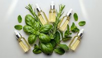 Natural herbal essential oils in glass bottles surrounded by fresh green herbs including basil, rosemary and mint leaves on white background.