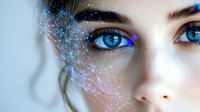 Futuristic close up of bright blue eyes with glowing digital network overlay and connection points representing artificial intelligence and technology advancement.